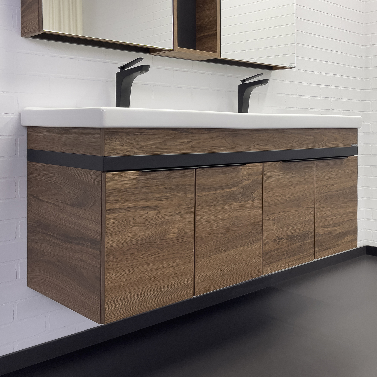 Тумба-умывальник Comforty Дуэт-125 дуб тёмно-коричневый с раковиной на две чаши Гармония 125