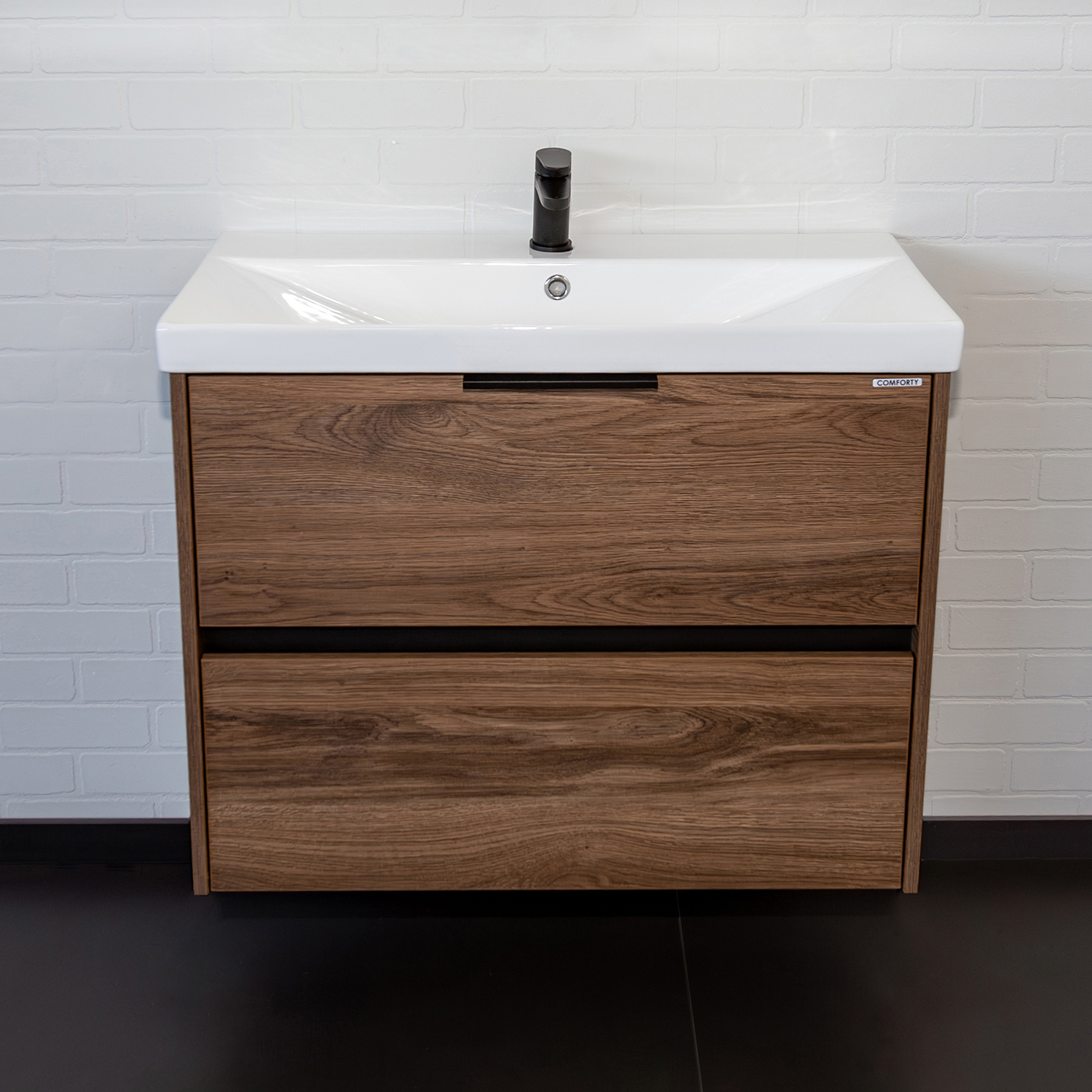 Тумба-умывальник Comforty Селенга-80 дуб тёмно-коричневый с раковиной CF19696BX-80