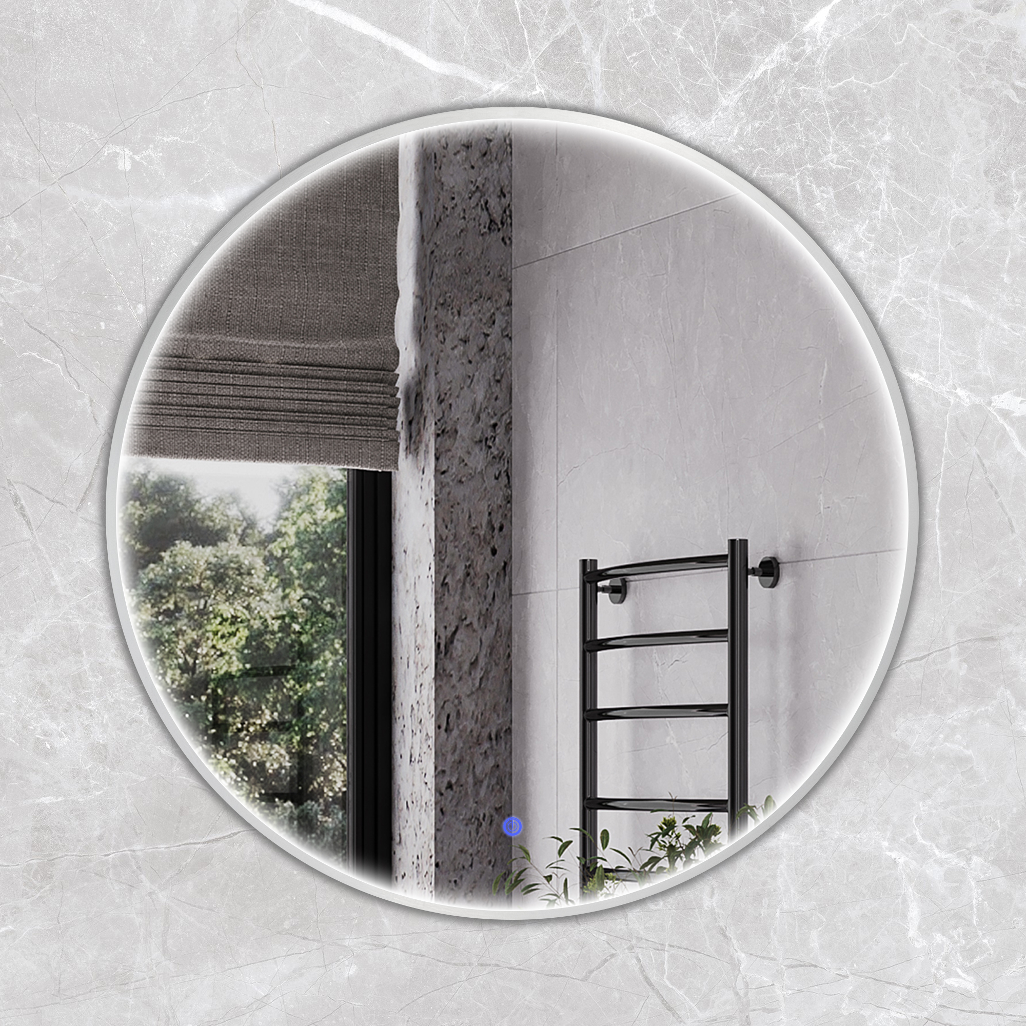 Круглое зеркало в алюминиевой раме Comforty Вега-75 светодиодная динамическая подсветка, холодный свет, сенсор, серебряный матовый