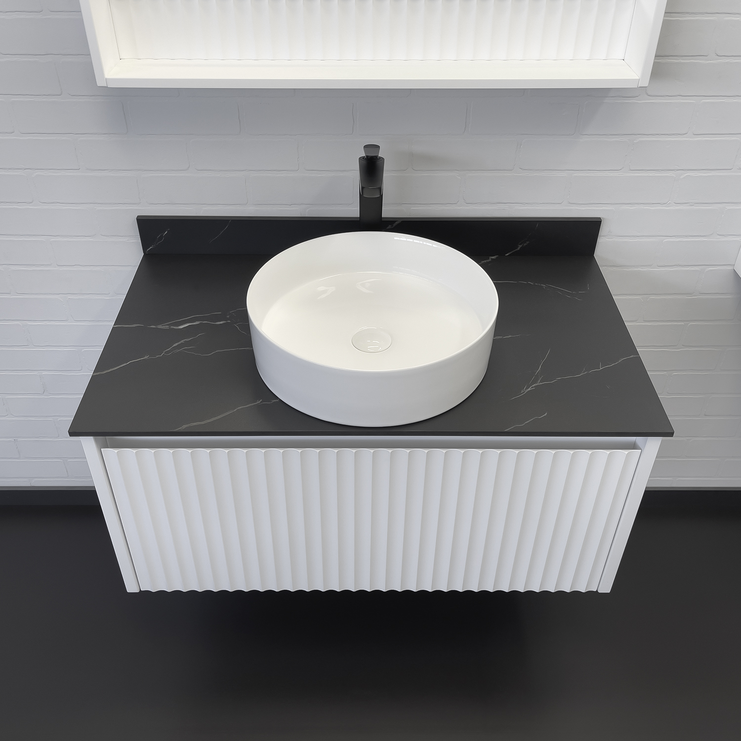 Тумба-умывальник Comforty Марсель-90 белый матовый со столешницей под мрамор Калакатта Блэк c раковиной Comforty 9110