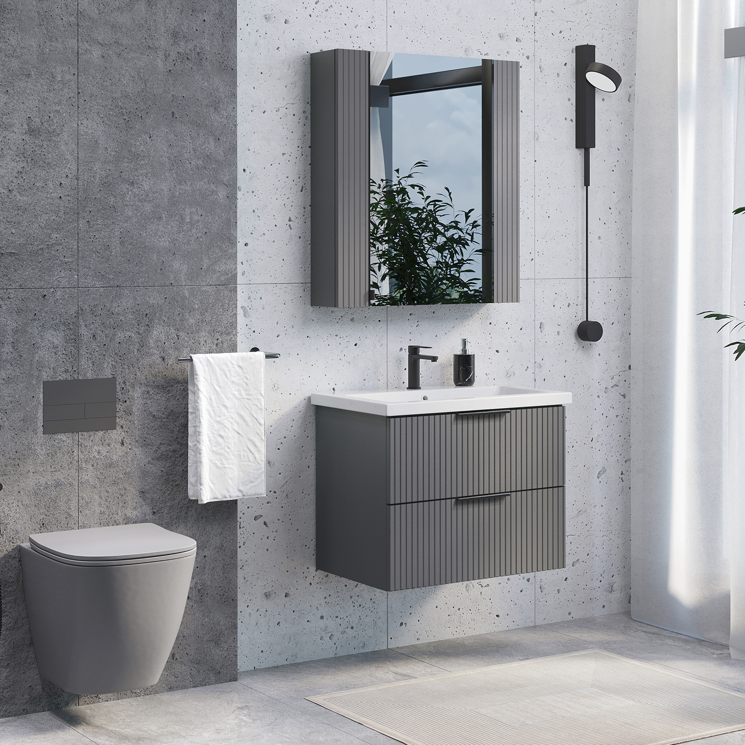 Тумба-умывальник подвесная Comforty Лима-70П2 антрацит с раковиной Комо 70