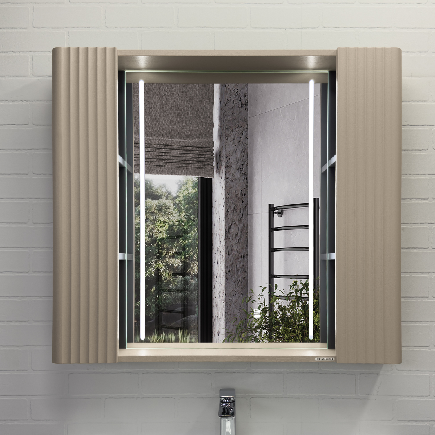 Зеркало-шкаф Comforty Ангара-90 дуб латте со светодиодной подсветкой и антизапотеванием