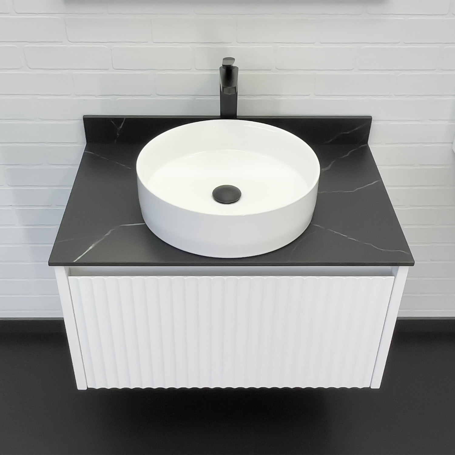 Тумба-умывальник Comforty Марсель-75 белая матовая со столешницей под черный мрамор c раковиной Comforty 9110