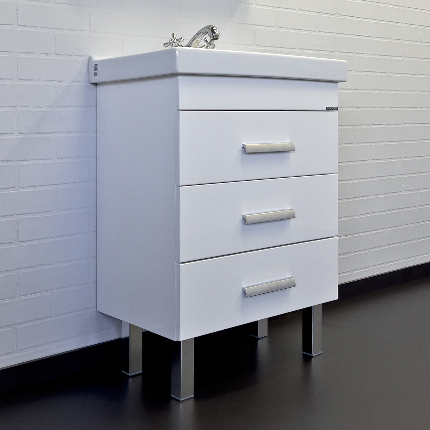 Тумба-умывальник Comforty Никосия 60Н белый глянец с раковиной Фест 60