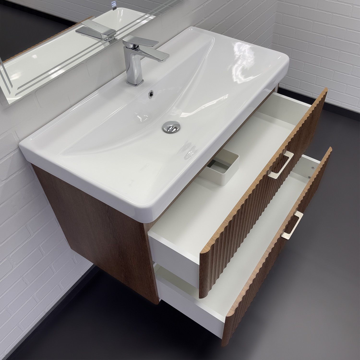 Тумба-умывальник Comforty Ангара-90П дуб темно-коричневый с раковиной 4490