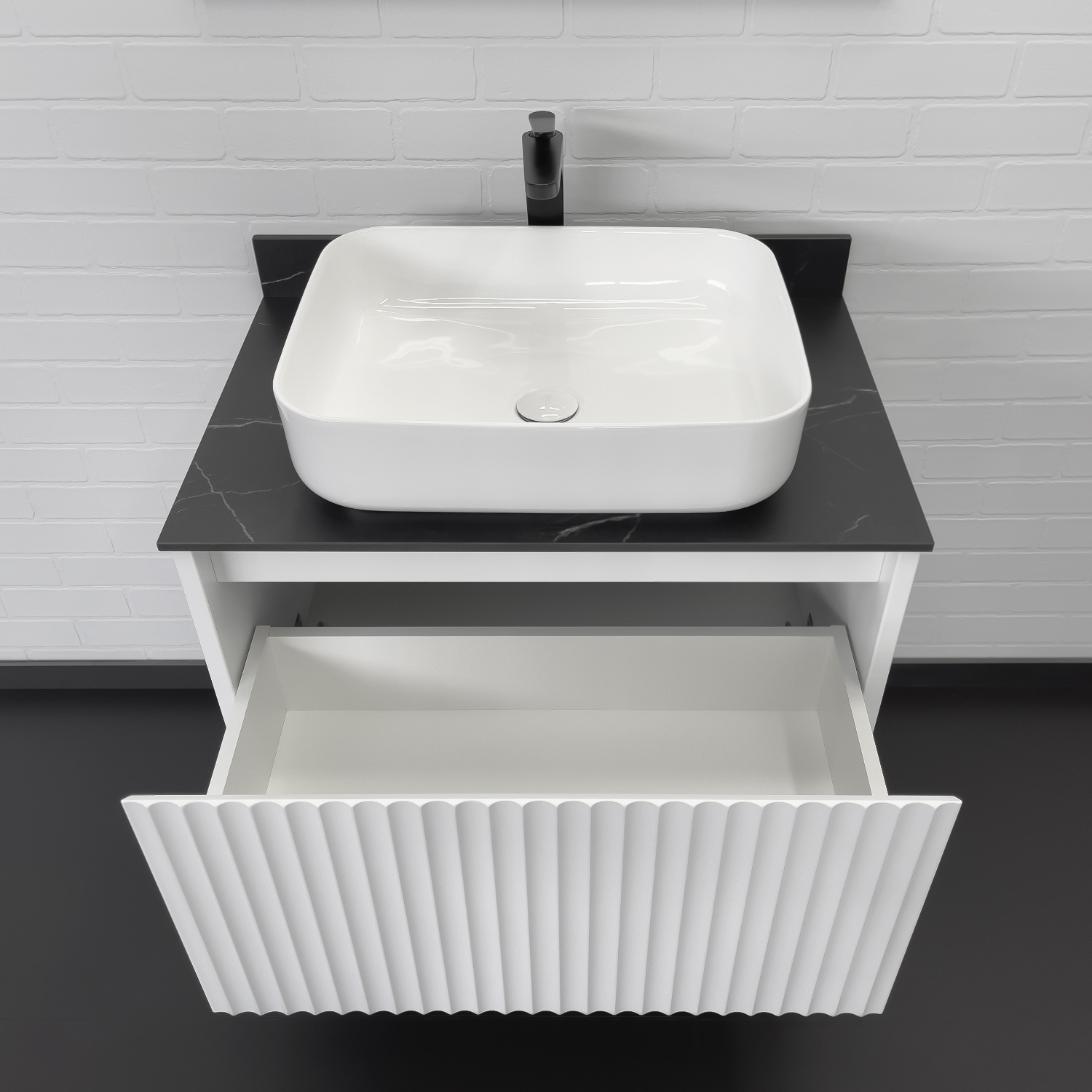 Тумба-умывальник Comforty Марсель-75 белый матовый со столешницей под мрамор Калакатта Блэк c раковиной Comforty T-Y9378