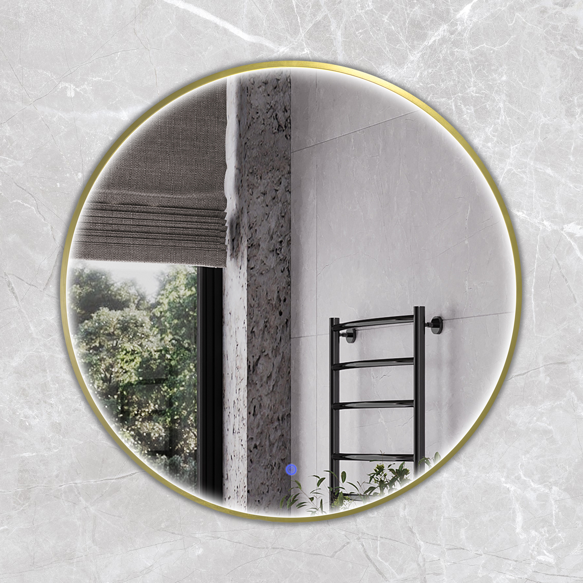 Круглое зеркало в алюминиевой раме Comforty Вега-75 светодиодная динамическая подсветка, теплый свет, сенсор, золотой матовый