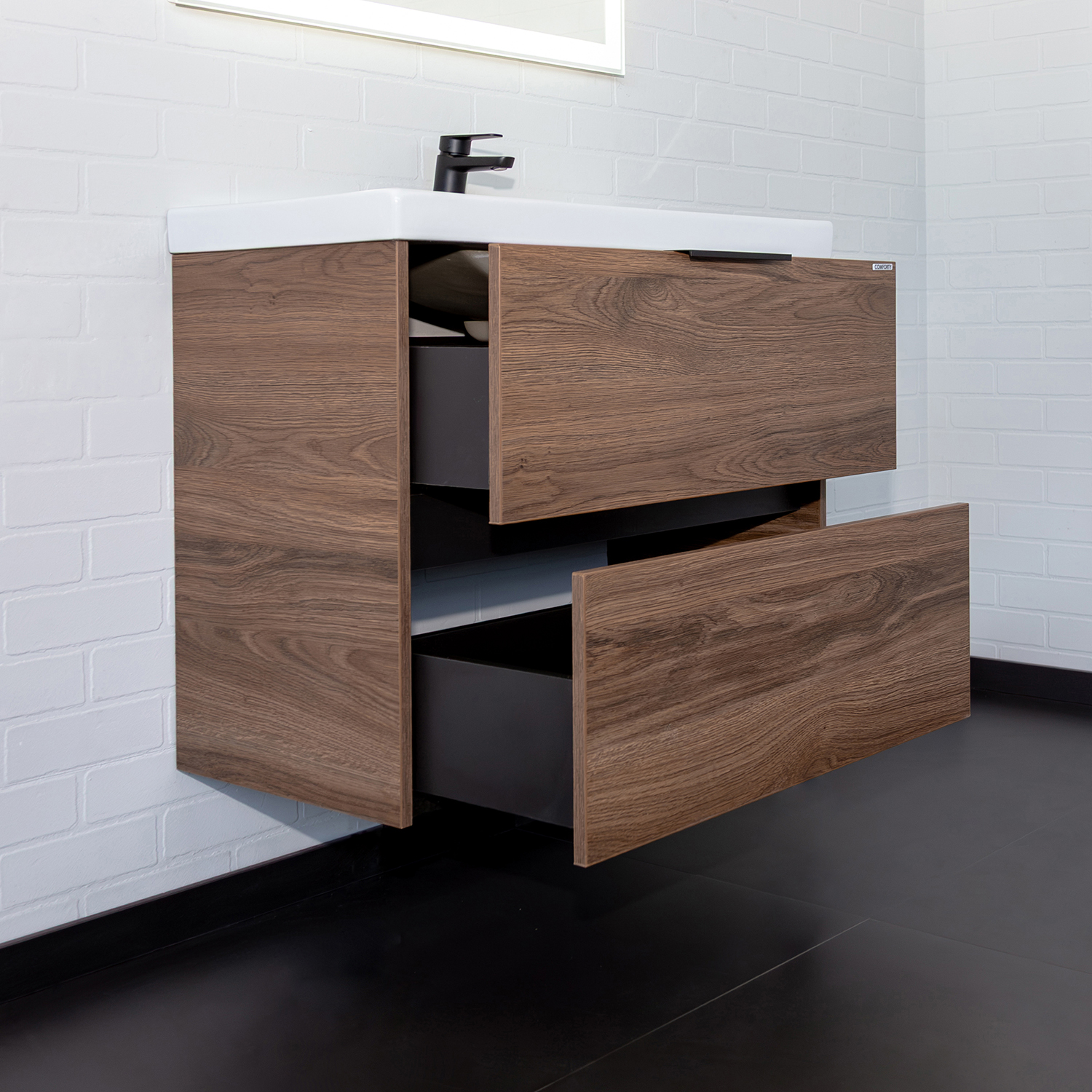 Тумба-умывальник Comforty Селенга-80 дуб тёмно-коричневый с раковиной CF19696BX-80