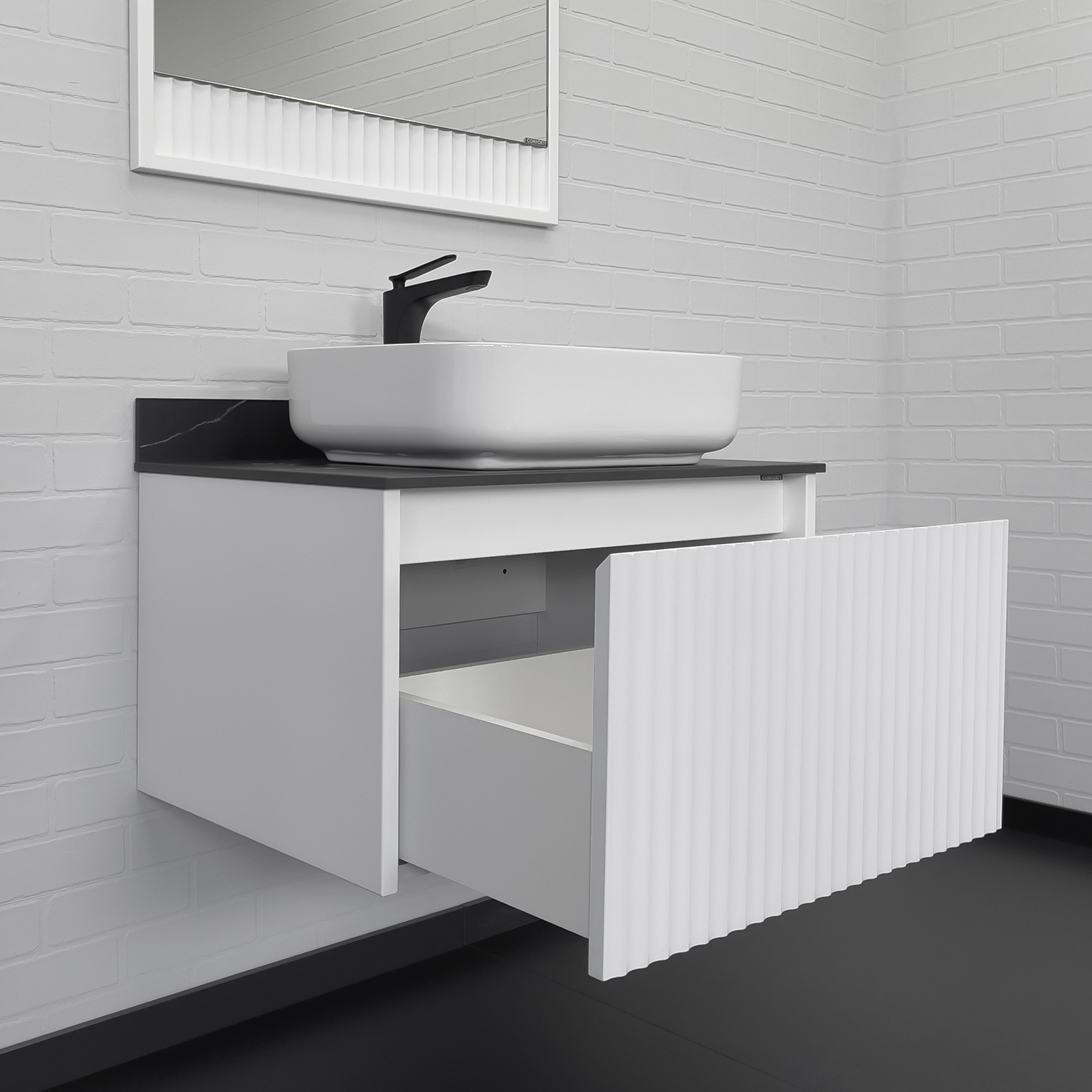 Тумба-умывальник Comforty Марсель-75 белый матовый со столешницей под мрамор Калакатта Блэк c раковиной Comforty T-Y9378