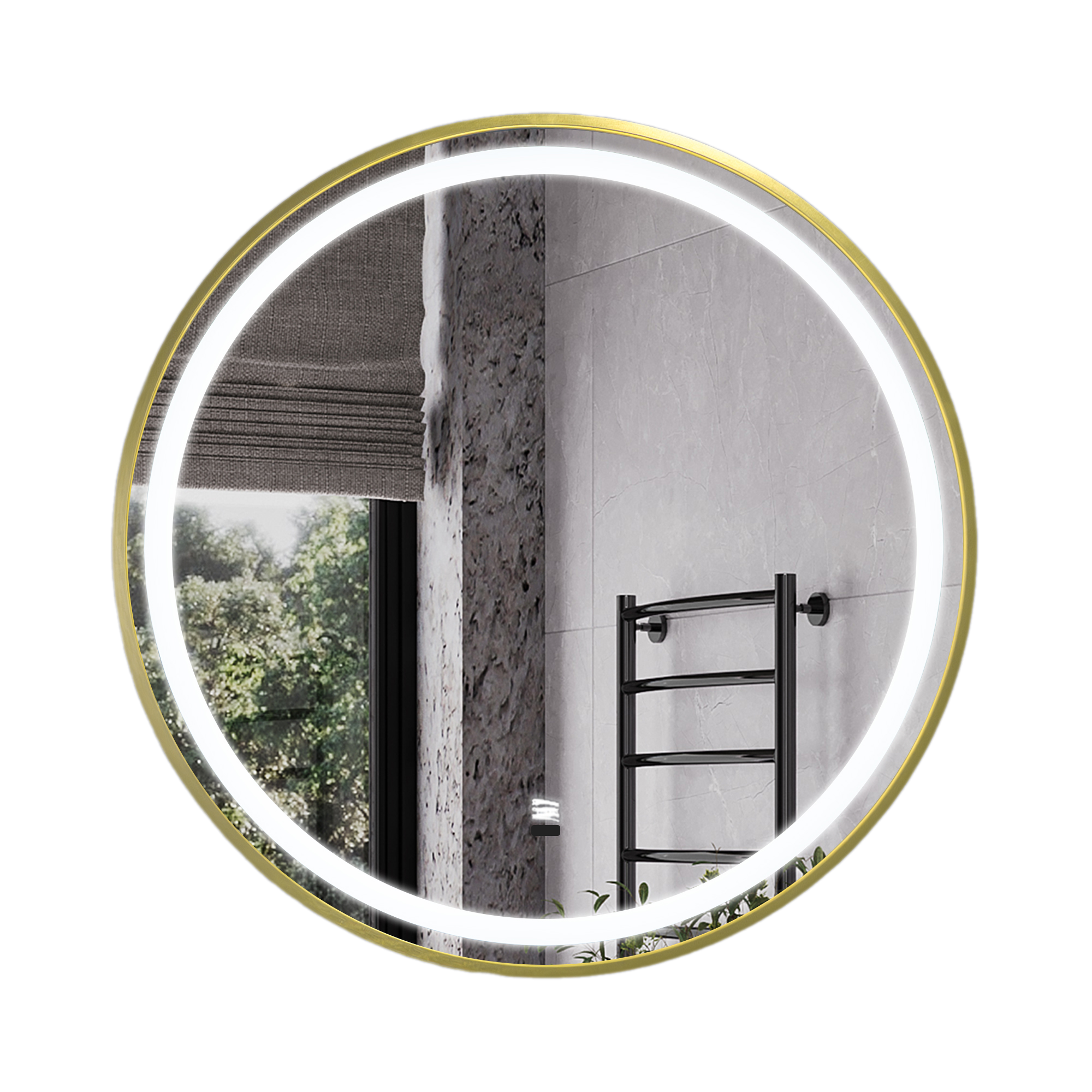 Круглое зеркало в алюминиевой раме цвет золото Comforty Лея-75, светодиодная подсветка, бесконтактный сенсор, антизапотевание