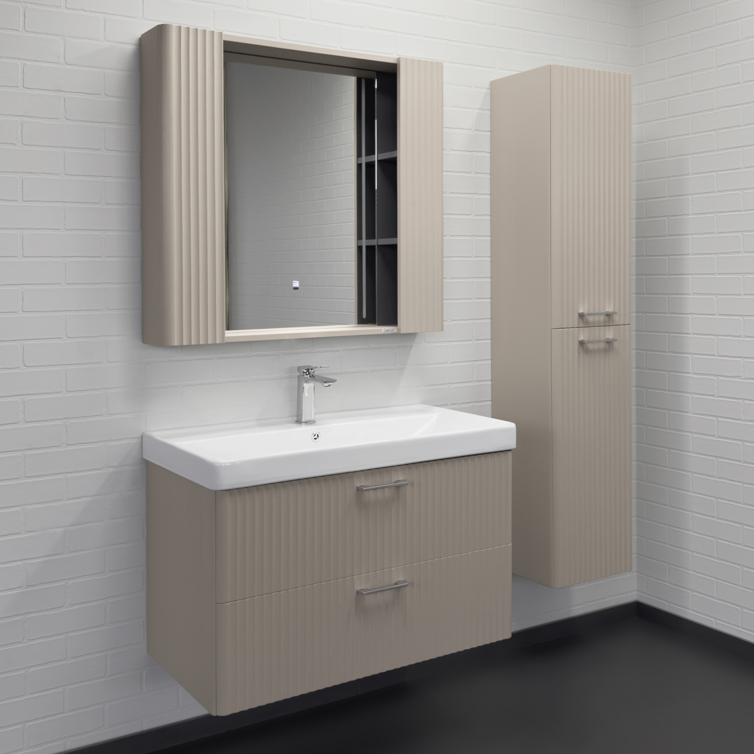 Зеркало-шкаф Comforty Ангара-90 дуб латте со светодиодной подсветкой и антизапотеванием