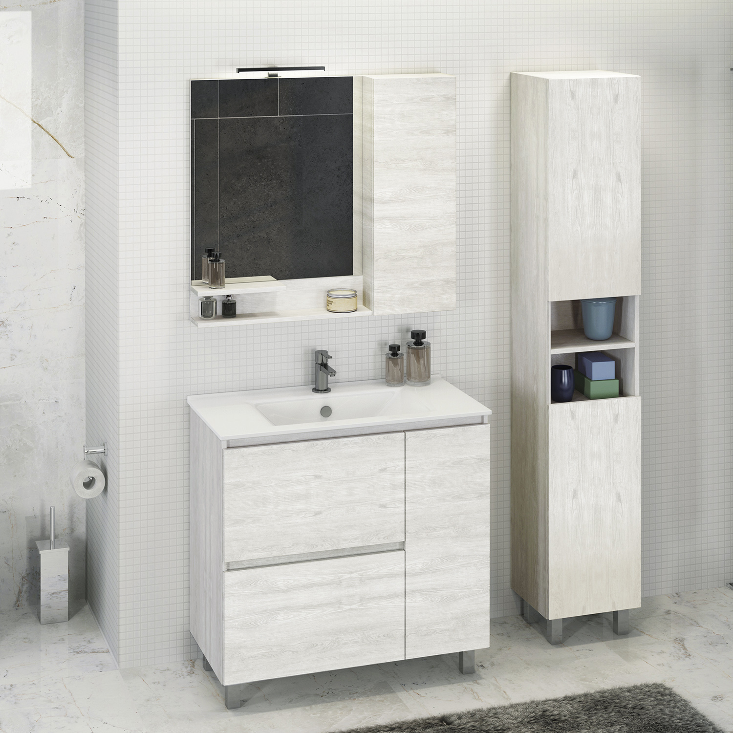 Comforty. Тумба-умывальник Верона-90 дуб белый с раковиной Квадро 90