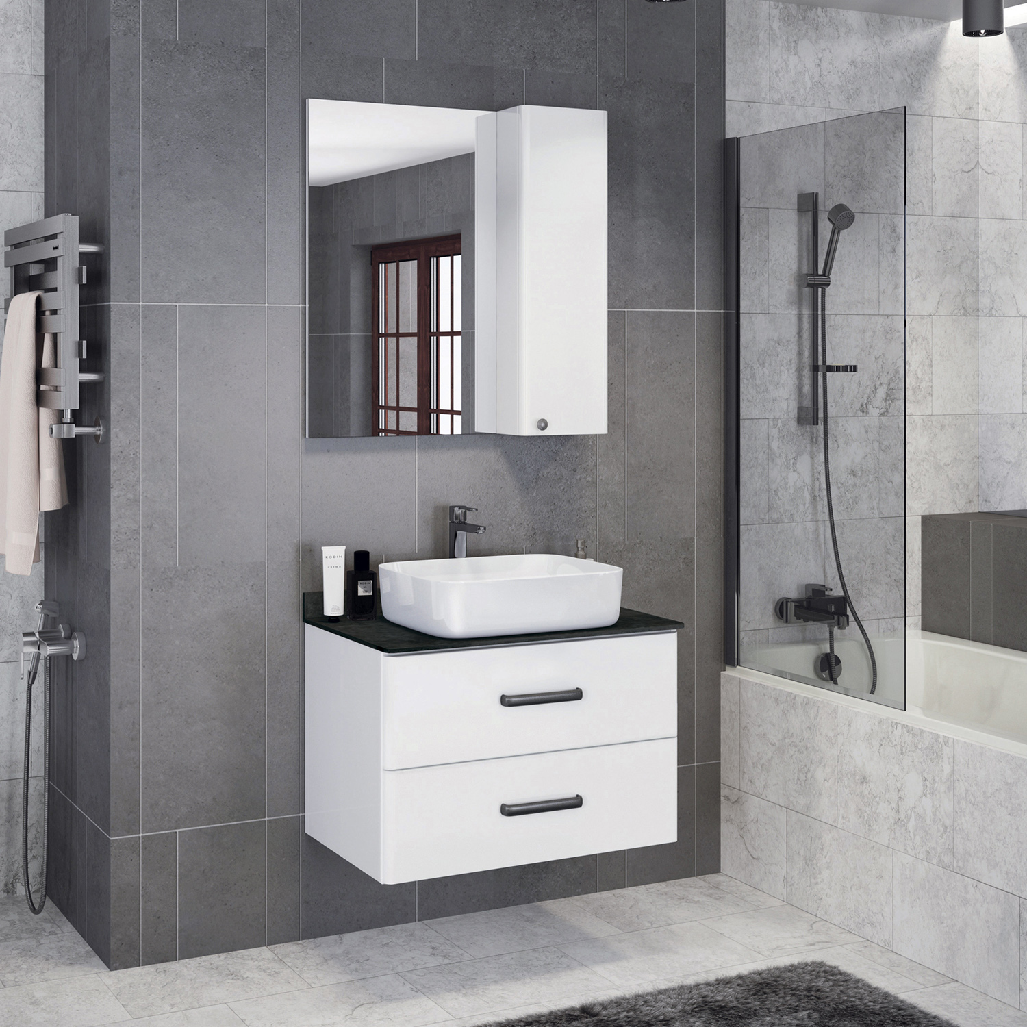 Тумба-умывальник Comforty Амстердам-75 белая со столешницей под мрамор Калакатта Блэк с раковиной T-Y9378