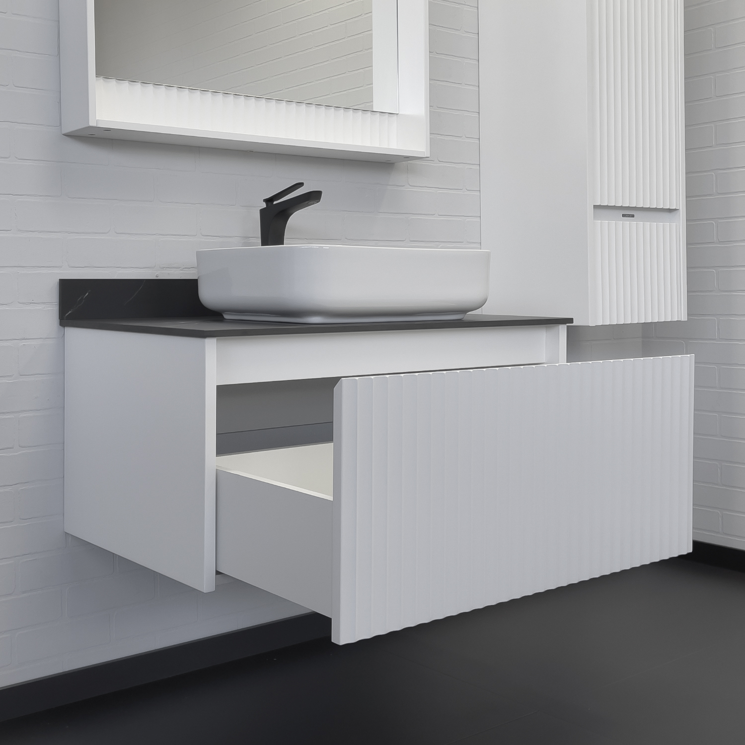 Тумба-умывальник Comforty Марсель-90 белый матовый со столешницей под мрамор Калакатта Блэк c раковиной Comforty T-Y9378