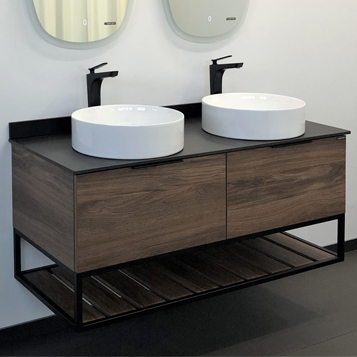 Тумба-умывальник Comforty Порто-120-2 дуб тёмно-коричневый с черной столешницей с раковинами Comforty 9110