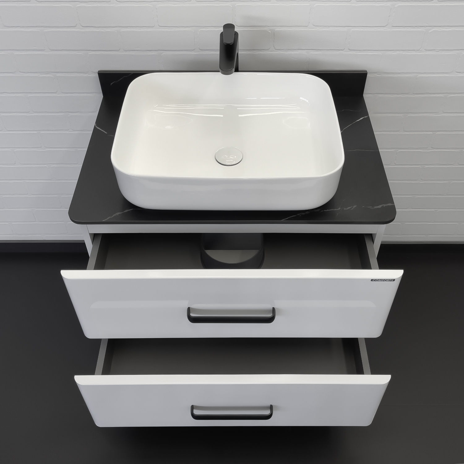 Тумба-умывальник Comforty Амстердам-75 белая со столешницей под мрамор Калакатта Блэк с раковиной T-Y9378