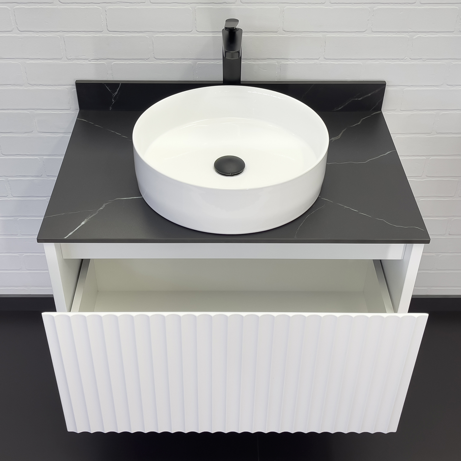 Тумба-умывальник Comforty Марсель-75 белая матовая со столешницей под черный мрамор c раковиной Comforty 9110