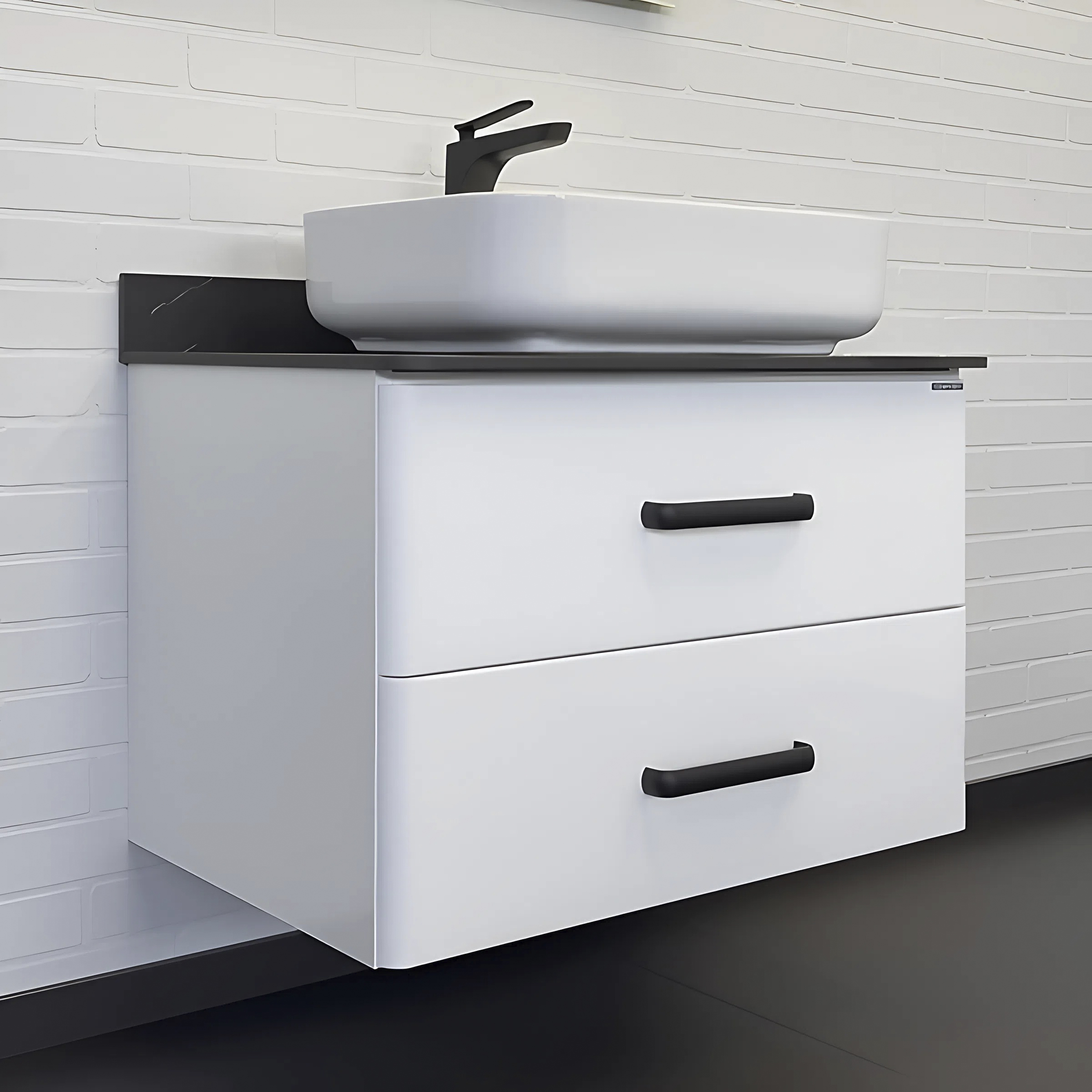 Тумба-умывальник Comforty Амстердам-75 белая со столешницей под мрамор Калакатта Блэк с раковиной T-Y9378