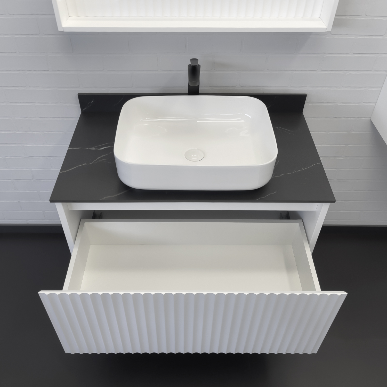 Тумба-умывальник Comforty Марсель-90 белый матовый со столешницей под мрамор Калакатта Блэк c раковиной Comforty T-Y9378
